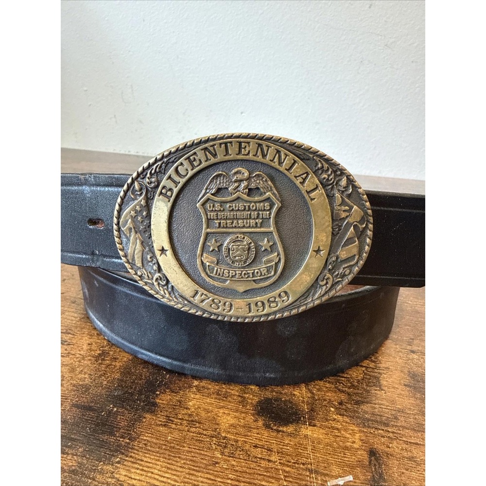 US Customs Bicentennial Belt Buckle Badge 12155 Brass w/ Don Hume Belt 44